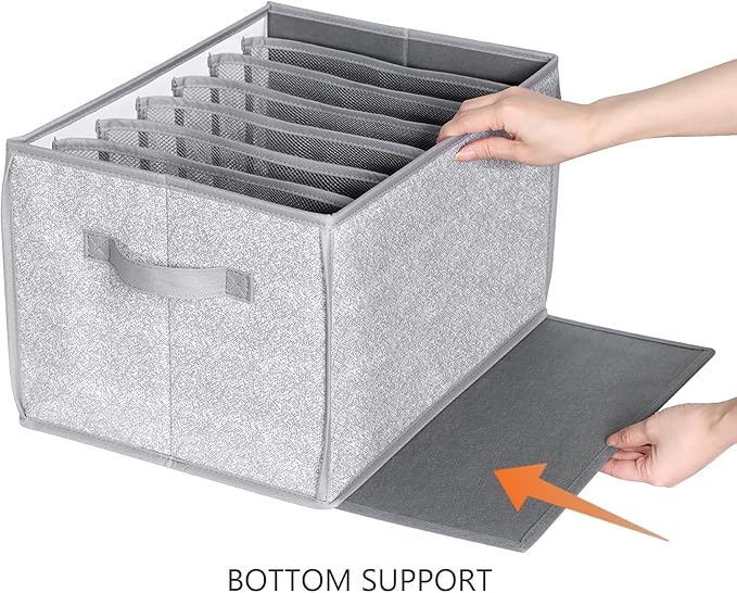 Zilink Upgraded Wardrobe Clothes Organizer with Support Board Clear Pants Organizer for Closet with 7 Grids Storage Bin with Dividers for Jean Pant Sweater Legging T-Shirt, 3 Pack