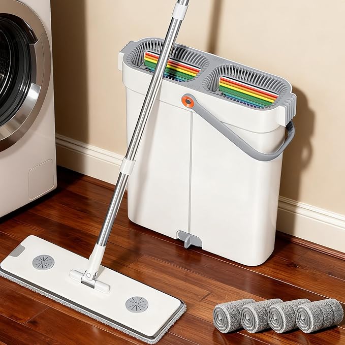 Spreezy Mop and Bucket Set, Hands-Free Flat Mop System with Wringer, Wet and Dry Using, Separate Wash & Wring Zone, Household, 4 Reusable Microfiber Pads for Floor Cleaning, Fits into Narrow Spaces