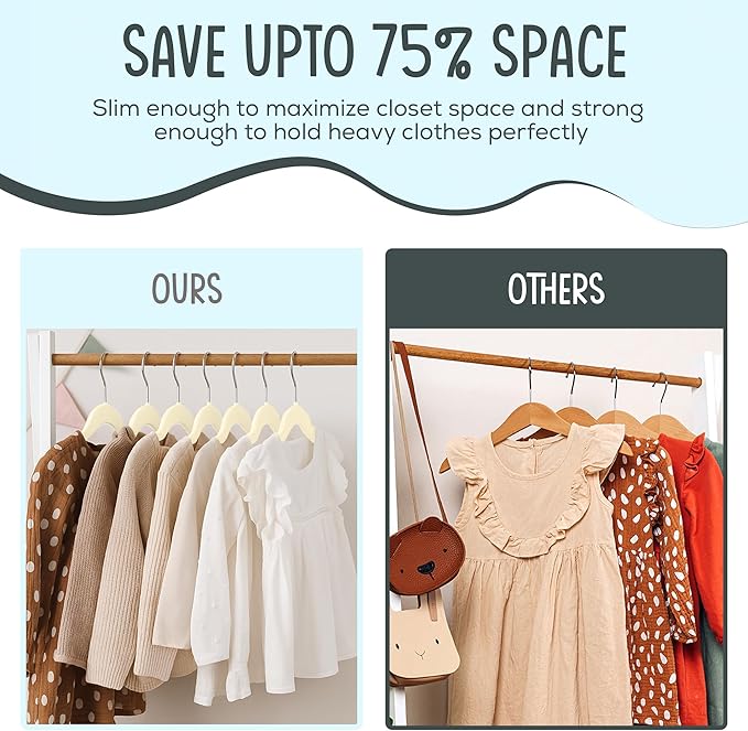 TechZoo 25 Premium Kids Velvet Hangers - 14" Non-Slip Clothes Hangers for Kids & Preteens - Ultra Slim, Space-Saving, Strong & Durable Hangers with 360° Swivel Hook - Beige
