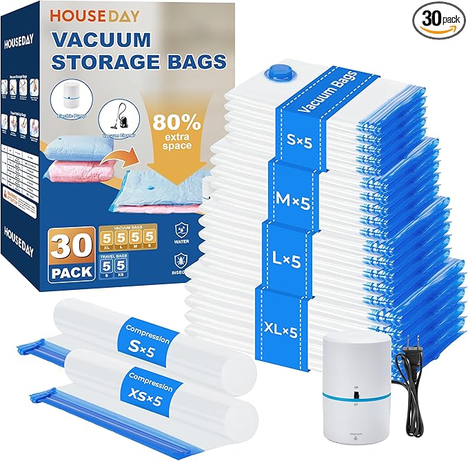HOUSE DAY 30 Pack Vacuum Storage Bags with Electric Pump, 4 Sizes + 2 Roll-Up (5 Each), Space Saver Vacuum Seal Bags for Clothing, Bedding, Pillows, Travel – Airtight Seal, Reusable & Durable