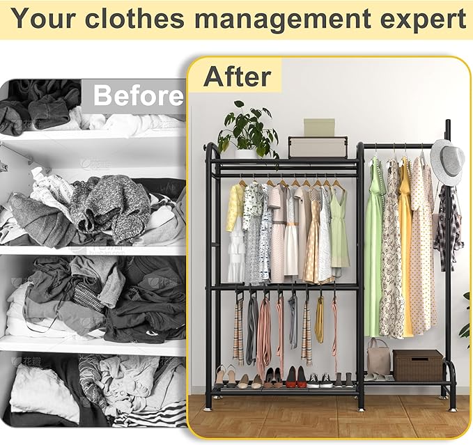 GAIOUS Black Metal Garment Rack for Hanging Clothes, Versatile Portable Clothes Rack with Hang Rods & Shelves & Pants Racks, FreeStanding Closet Wardrobe Organizer for Cloakroom, Bedroom