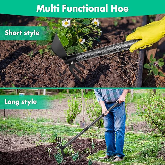 Lilyvane Hoe Garden Tool,45 Inch Long Garden Hoe and Cultivator, Garden Hand Tiller with Long Handle,Heavy Duty Garden Tools Hoe Cultivator for Gardening,Weeding, Tilling,Lossening Soil,Planting
