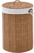 Round Wicker Laundry Hamper with Lid Handwoven Rattan Basket with Handles for Dirty Clothes, 2 Washable Liner Bags, No Assembly Required, Washable Basket, 90L
