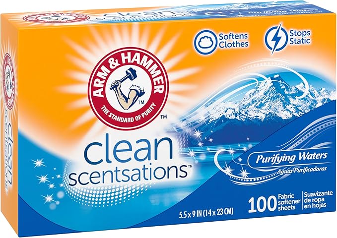 ARM & HAMMER Fabric Softener Sheets, Purifying Waters, 100 sheets (Pack of 2)