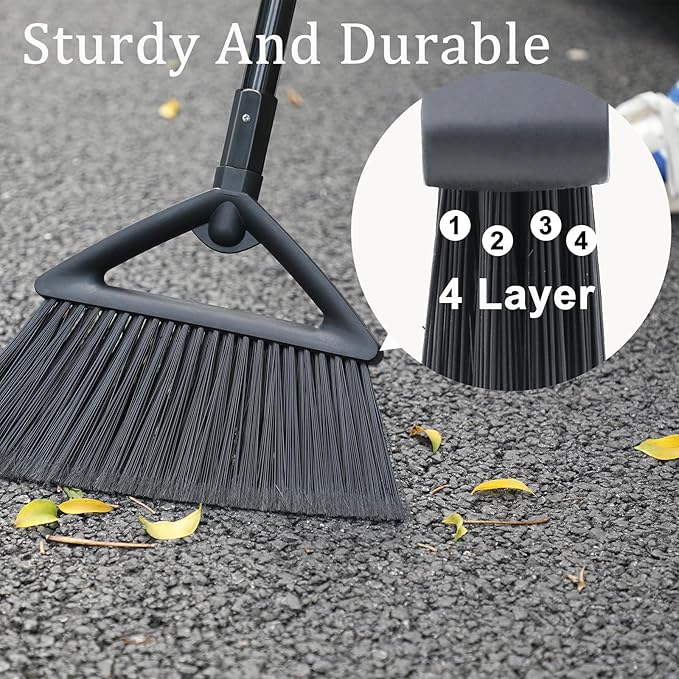 Heavy Duty Broom, Brooms for Sweeeping Indoor, Angle Broom with Long Pole, Outdoor Broom for Courtyard Garages Slidewalk, Indoor Broom for Kitchen Lobby Canteen Black