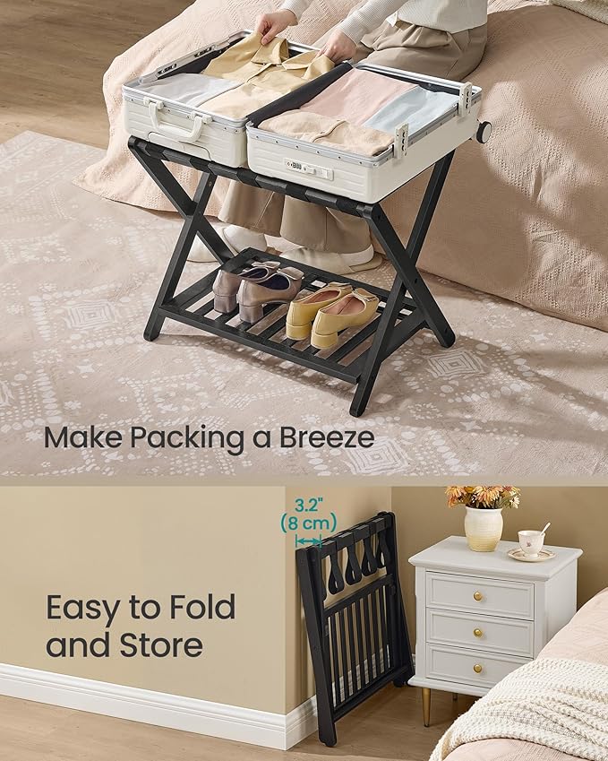 SONGMICS Solid Wood Luggage Rack, No Assembly Required, Foldable Suitcase Stand, Luggage Holder, with Storage Shelf, for Guest Room, Hotel, Bedroom, Ink Black URLR020B02