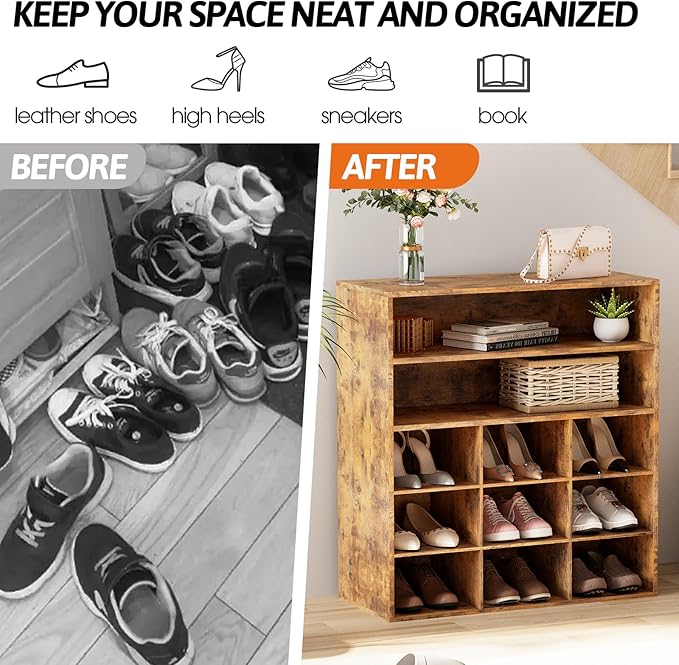 Garden 4 you Shoe Rack Organizer, 5-Tier Wood Cubby Shoe Rack with 2 Storage Shelf and 9 Cubbies, Shoe Organizer Cabinet for Entryway, Hallway, Closet and Garage,Brown
