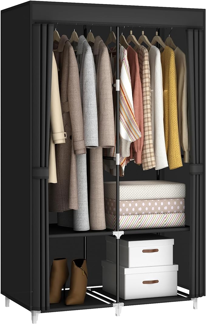 MOGELAFOO Portable Closet Wardrobe for Small Room, 35-Inch Clothing Organizer Storage Rack with 2 Clothes Hanging Rods and 4 Shelves, Non-Woven Fabric Cover, Black