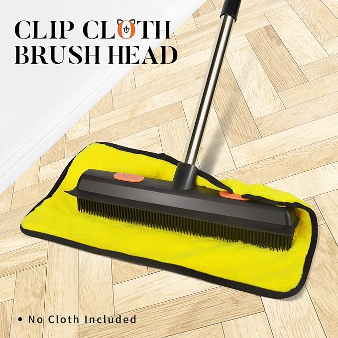 Conliwell Rubber Broom Carpet Rake for Pet Hair, Fur Remover Broom with Squeegee, Portable Detailing Lint Remover Brush (Stainless 4 Steel Handle)