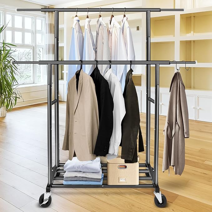 Fishat Stand Portable Black Double Rods Garment Clothes Rack with Rolling and Lockable Wheels Mobile, 48" W x 15" D x 67" H, Metal Simple Hanging Clothes with 2 Hook