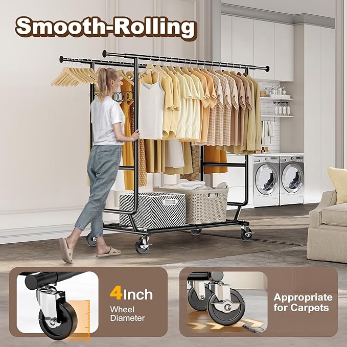HOKEEPER Clothes Rack Heavy Duty Clothing Rack Load 650 LBS Collapsible Garment Rack with Wheels Double Rod Coat Rack for Hanging Clothes Commercial Closet Rack with Shelves, Black 22" D*75" W*68" H