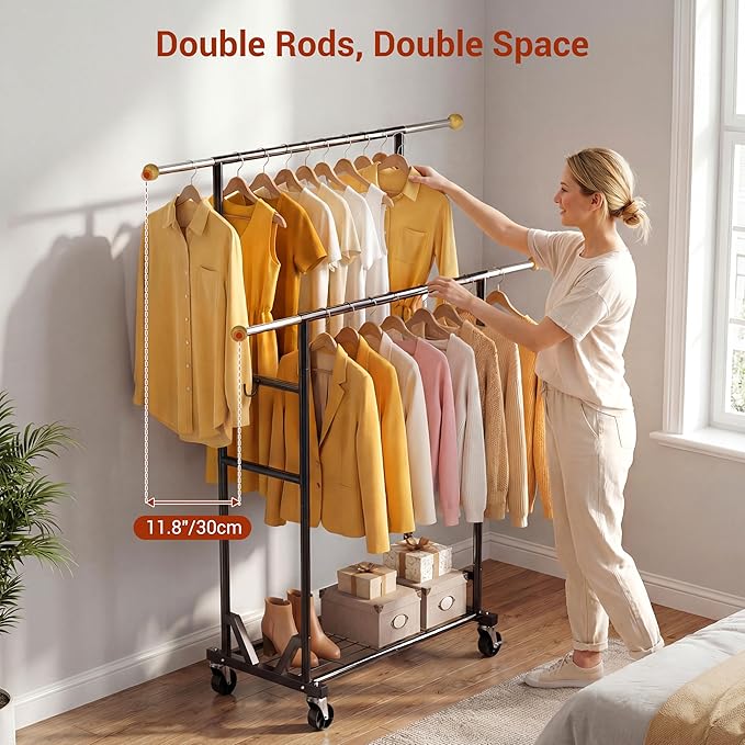 Rolling Garment Rack - Double Rod Clothes Rack with Lockable Casters, Mesh Storage Shelf & Anti-Slip Wooden Finials accented - Sleek Black Freestanding Closet Organizer for Coats, Dresses