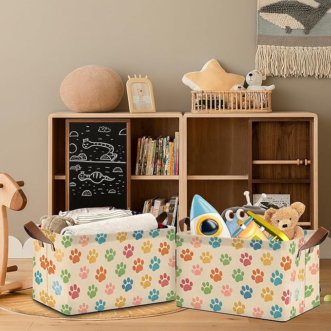 Colorful Cat Dog Paws Collapsible Storage Box,Organizer Bin with Handles for Room Decoration,Bins Book Basket Box 17x11.5x10Inch