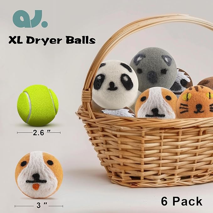 Wool Dryer Balls Laundry Reusable, Natural Eco-Friendly Fabric Softener Reduce Clothing Wrinkles, New Zealand Wool Laundry Balls for Dryer (Pack of 6, Animal)