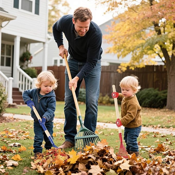 2PCS Garden Tool Rakes with Hardwood Handle and 2 Pairs Gloves, Garden Lawn Rake Leaves Lightweight Cute Rakes with Heads for Fall Garden Tools Gifts