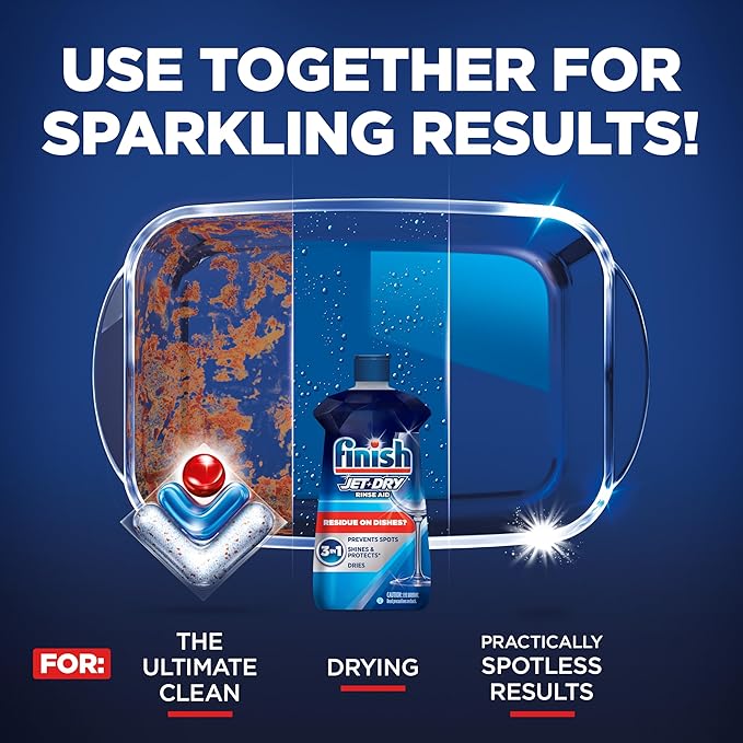 Finish Jet-Dry Dishwasher Rinse Aid, Compatible with Dishwasher Detergent, Prevents Spots & Residues, Dries, Shine & Protects, 16 oz, 155 Washes.