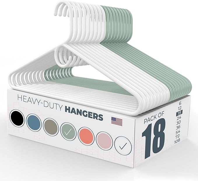 Neaties Heavy Duty Clothes Hangers 18 Pack – Made in the USA – 8lb Capacity Plastic Hangers for Adult Clothing – Durable for Pants, Coats, Jackets, or Jeans – White & Mint