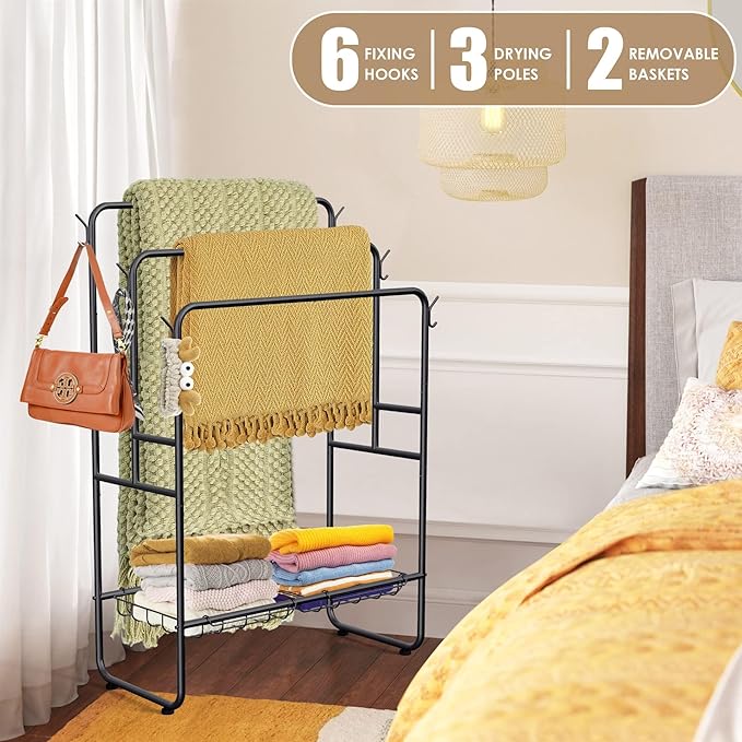 Kayfia 40" H Towel Rack Freestanding, 3-Tier Bath Towel Holder Stand with Storage Baskets & Hooks, Blanket Drying and Display Rack for Oversized Bath Towels, Metal Towel Rack Stand Indoor Outdoor