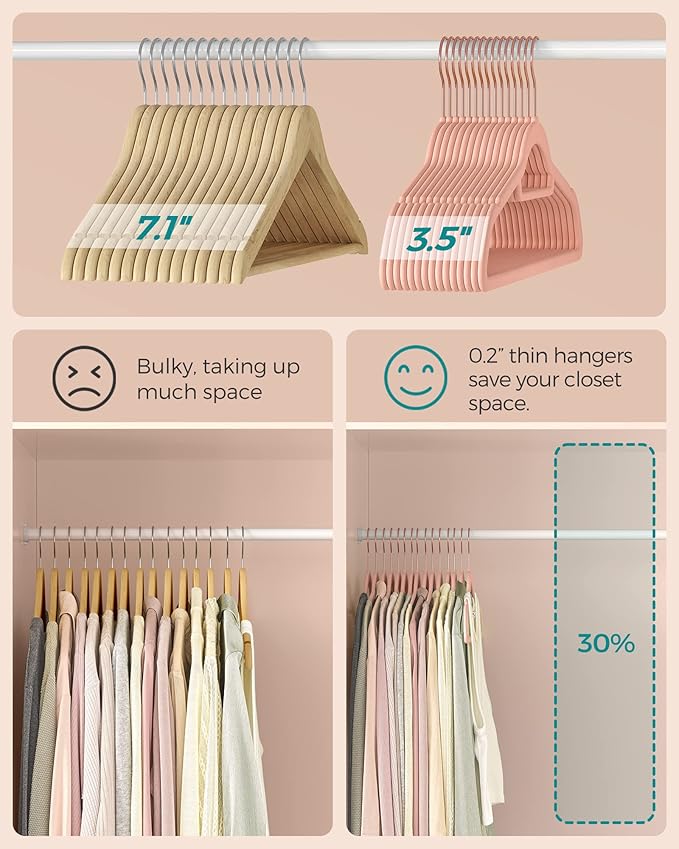 SONGMICS Velvet Hangers, Set of 30 Clothes Hanger with Rose Gold Swivel Hook, Non-Slip, and Space-Saving, 0.2-Inch Thick, 17.1-Inch Long for Coat, Shirt, Dress, Pants, Tie, Coral Pink UCRF21PK30