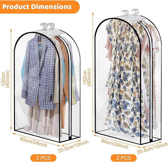 Dntorx 4 Pack Full Clear Garment Bags with Side Zipper, 40&60" Clothes Covers with 10" Gusset, Transparent Hanging Suit & Coat Covers for Closet Storage, Jackets, Dresses, Windbreakers