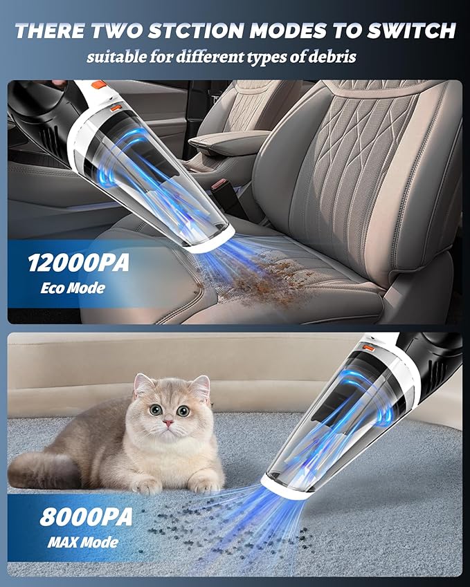 Handheld Vacuum Cordless, Brushless Car Vacuum Cleaner with 12000PA Powerful Suction, 2 Suction Modes Mini Hand Vacuum, Dry & Wet, Portable Vacuum for Car Pet Hair, Home, Office, Keyboards