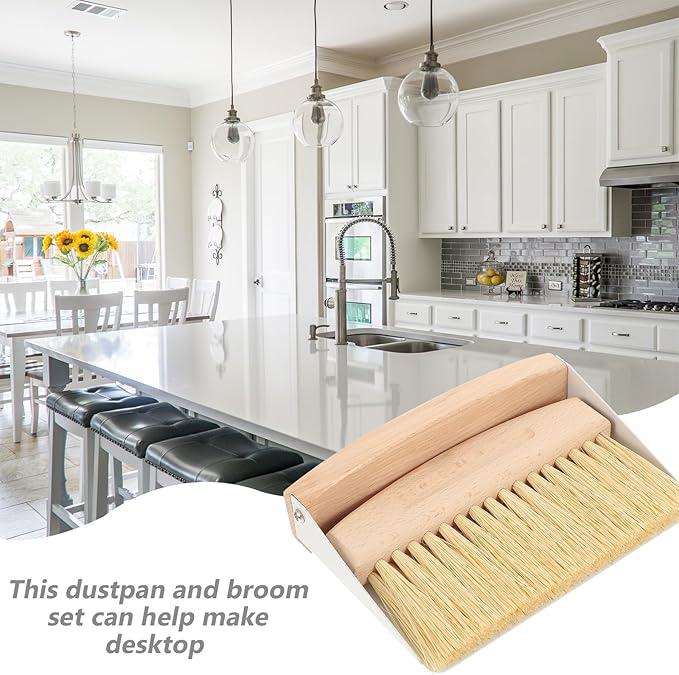 Artibetter Mini Desktop Broom and Dustpan Set with White Sisal Bristles, Small Handheld Cleaning Brush for Home and Office Table Accessories