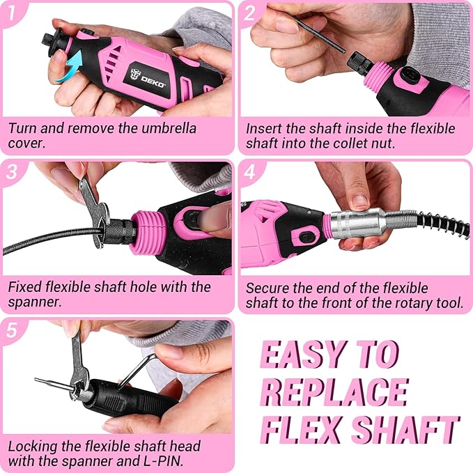 Rotary Tool Kit: DEKOPRO Power Hand Rotary Tools Mini for Wood/Metal, Electric Grinder Drill Machine Set with Flex Shaft for Carving, Cutting, Sanding, Grinding, Polishing, Engraving Pink