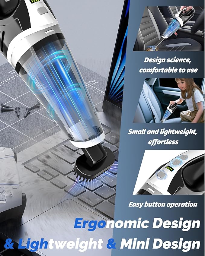 Handheld Vacuum Cordless, Car Vacuum Cleaner with Powerful Suction, 2 Modes Mini Hand Vacuum, Dry & Wet, LED Light, Portable Vacuum for Car Pet Hair, Home, Office, Keyboards White Sliver