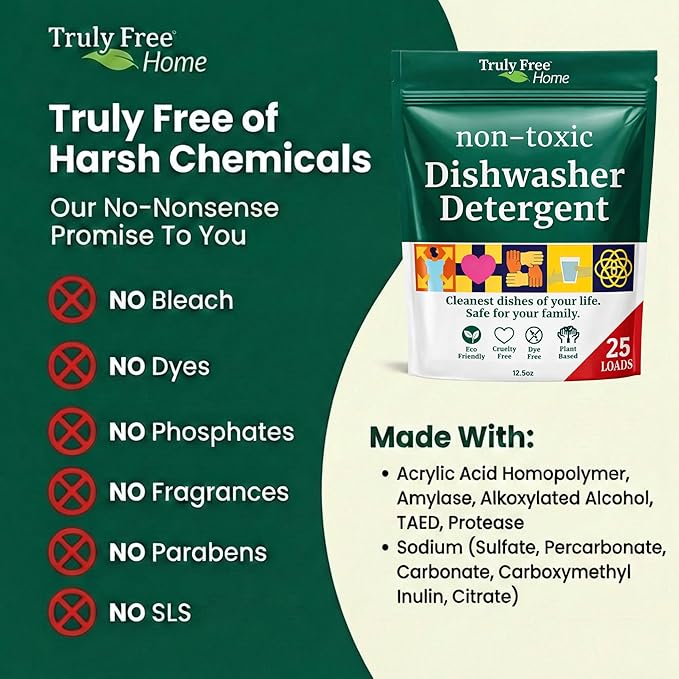 Truly Free Dishwasher Detergent Powder | Natural Dish Detergent, Dishwasher Soap | Plastic Free, Plant-Based, Clean, Heavy Duty Hard Water Stain & Grease Remover | Fragrance Free | 12.5 oz (Pack of 2)