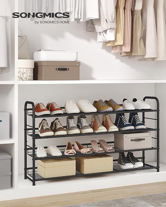 SONGMICS Stackable Shoe Rack, 4 Tier Metal Shoes Rack Storage Shelf, Holds up to 20 Pairs, Adjustable Slanted Shelves Tower Organizer for Closet Entryway Small Spaces, Black ULMR107BD01