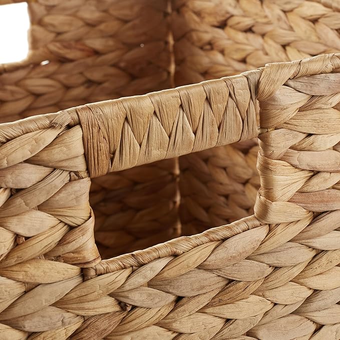 Casafield 12" x 12" Water Hyacinth Storage Baskets, Natural - Set of 4 Collapsible Cube Organizers, Woven Bins for Bathroom, Bedroom, Laundry, Pantry, Shelves