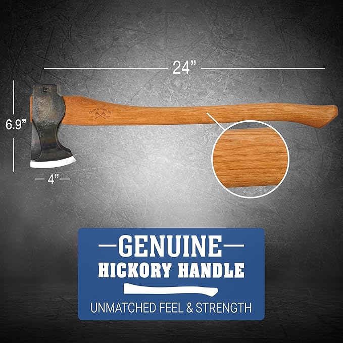COUNCIL TOOL Wood-Craft Pack Axe - 2 lb Camping Axe, 24" Curved Hickory Handle with Leather Sheath, Made in The USA - WC20PA24C