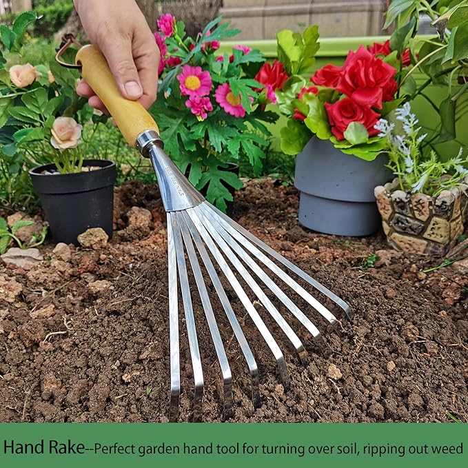 Hand Rakes, Garden Stainless Steel Hand Rake Soil Tiller with Ergonomic Handle, Small Leaf Rakes Great for Gardening, Garden Sweep Yard Flower Beds Tool