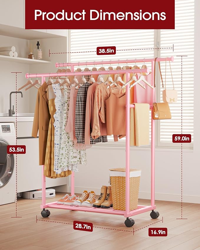 Sakugi Metal Clothes Rack - Double Rod Clothing Rack with Fixed Design and Rolling Wheels, Coat Rack with Built-In Shelf for Closet Organizers and Storage (38.5" x 16.9" x 59.0", Pink)