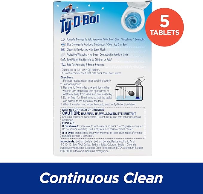 Ty-D-Bol Blue Tablets Value 5 Pack, Cleans and Deodorizer Toilets for a Fresh Smelling Bathroom