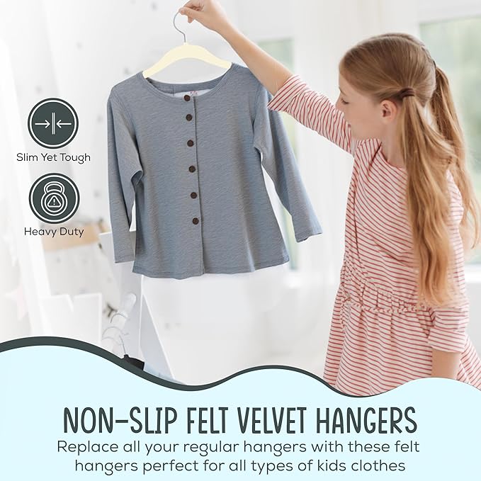 TechZoo 50 Premium Kids Velvet Hangers - 14" Non-Slip Clothes Hangers for Kids & Preteens - Ultra Slim, Space-Saving, Strong & Durable Hangers with 360° Swivel Hook - Ivory