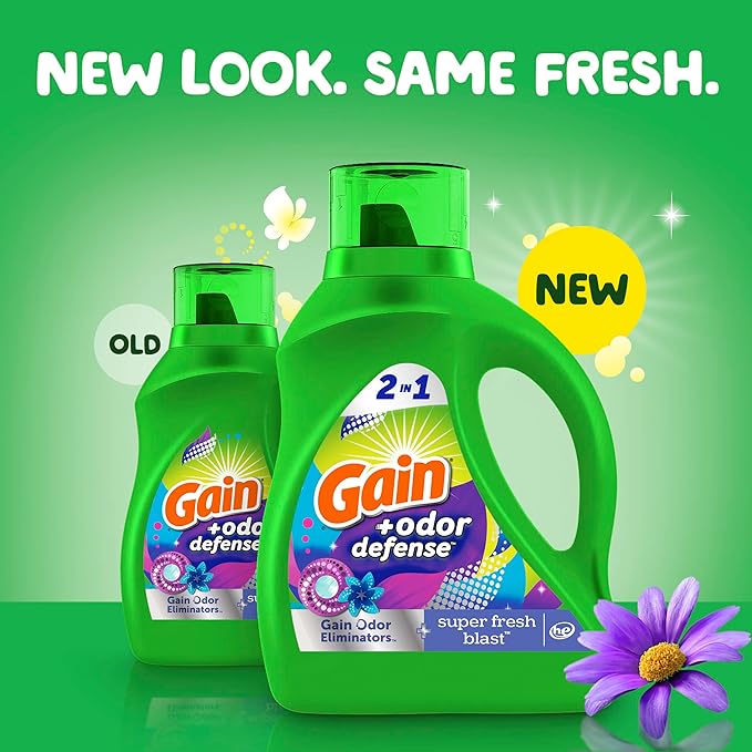 Gain Odor Defense Liquid Laundry Detergent, Super Fresh Blast Scent, 88 fl oz, 61 loads, 2 in 1, Laundry Detergent Liquid Soap, HE compatible