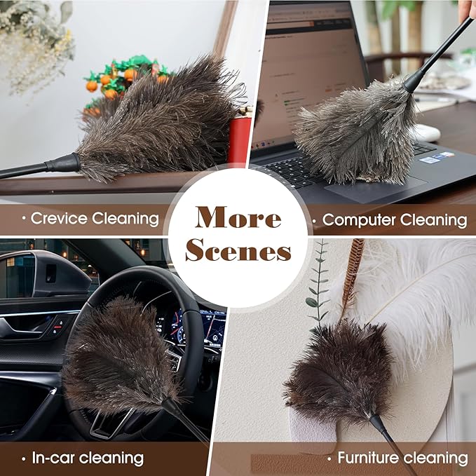 Natural Ostrich Feather Duster 14.9 inch Fluffy Mini Dusters with Plastic Handheld for Cleaning Car Keyboard Office 2 PCS