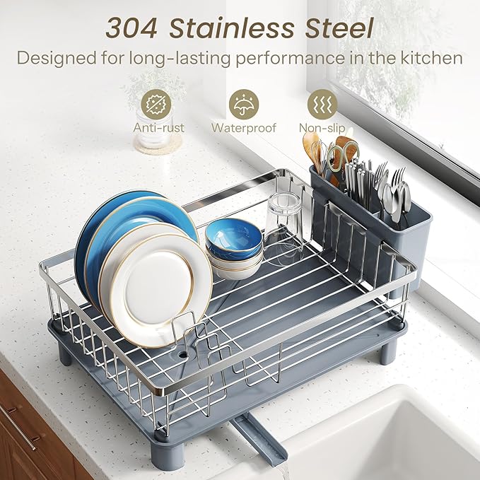 SNTD Dish Drying Rack - Small Dish Rack for Kitchen Counter, Stainless Steel Dish Drainer with Utensil Holder and Drainboard, 11" W x 15" L (Silver)