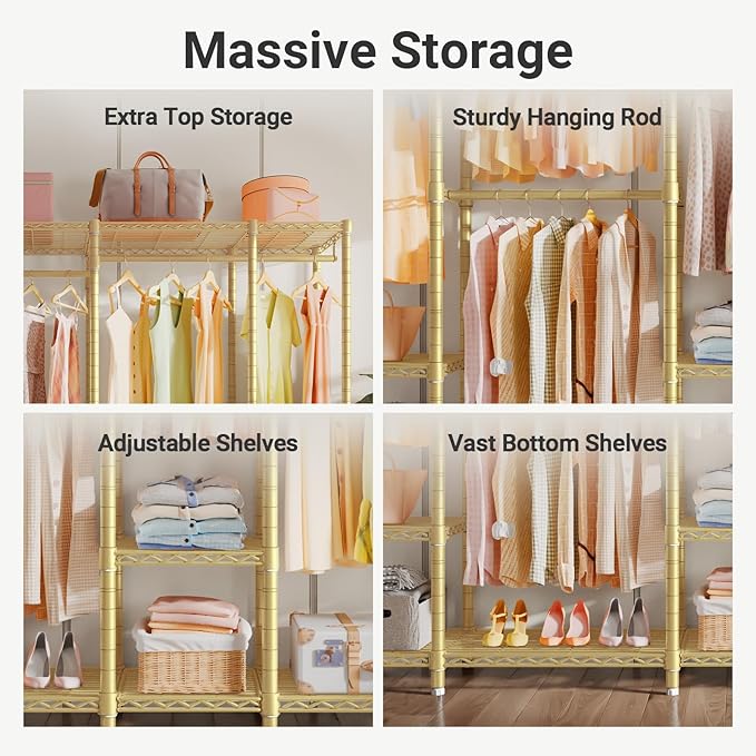 VIPEK V50 Gold Closet Rack, Extra Large Elegant Heavy-Duty Freestanding Wardrobe with Adjustable Shelves for Bedroom, Dressing Room, Retail Display, 1300 lb Capacity