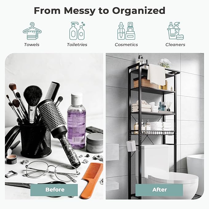 GRUSIGN Over-The-Toilet Storage Shelf, 4-Tier Bathroom Organizer Shelf, Freestanding Space Saver Shelves Over Toilet with Adjustable Shelf for Bathroom, Black