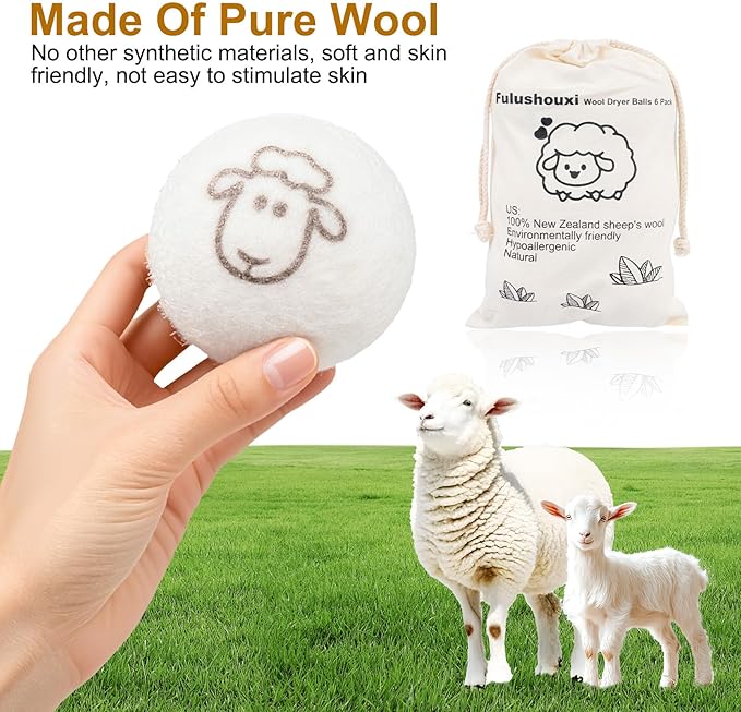 6 Pcs Wool Dryer Balls, Reusable New Zealand Natural Fabric Softener & Static Reducer Wool Laundry Balls for Dryer to Reduce Wrinkles & Shorten Drying Time, for Pet Hair & Laundry, with Storage Bag