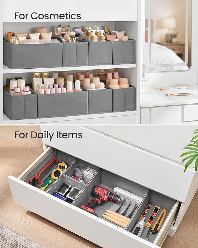 SONGMICS Drawer Organizers, Dresser Divider Organizers, Set of 12, Foldable Fabric Storage Boxes for Socks, Underwear, Bras, Ties, Scarves, Dove Gray URDZ006G02