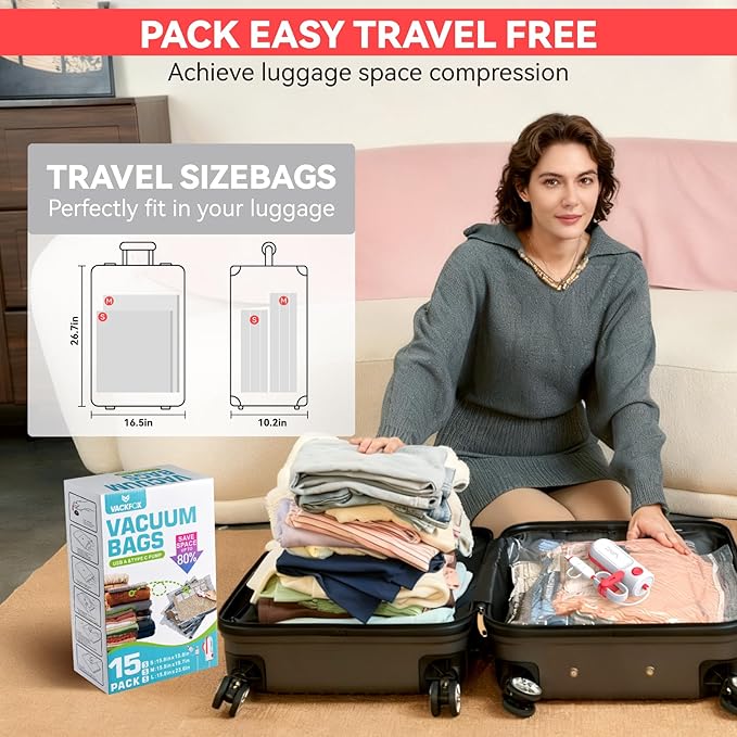 Vacuum Bags for Travel with USB & TYPE C Pump,Vacuum Seal Travel Bags,15 Pack Carry-on Size Vacuum Storage Bags for Luggage and Suitcase,Space Saver for Clothes and Travel(Red)