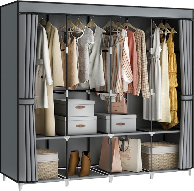 MOGELAFOO Portable Closet Wardrobe, 67-Inch Clothes Organizer with 4 Hanging Rods and 8 Shelves, Non-Woven Fabric Cover, Large Capacity Storage for Bedroom and Living Room, Grey