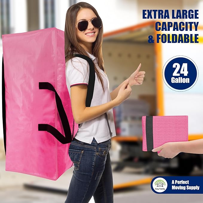 Cosy Family 8 Pack Heavy Duty Extra Large Moving Bags with Backpack Straps - Strong Handles & Zippers, Storage Totes For Space Saving, Fold Flat, Alternative to Moving Box, Pink