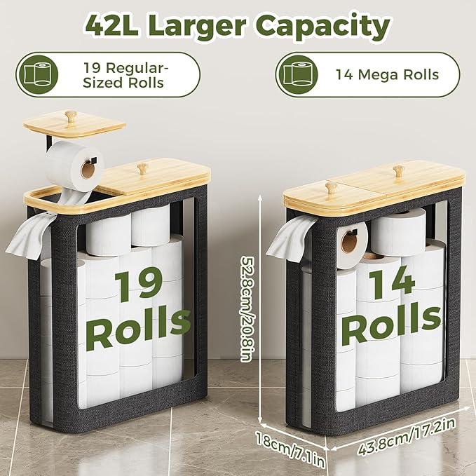 42L Toilet Paper Basket with Bamboo Lid, Toilet Paper Storage with Toilet Paper Holder & Non-Slip Mat for Bathroom Organizer, Holds up to 19 Regular Rolls or 14 Mega Rolls, Collapsible & Stackable