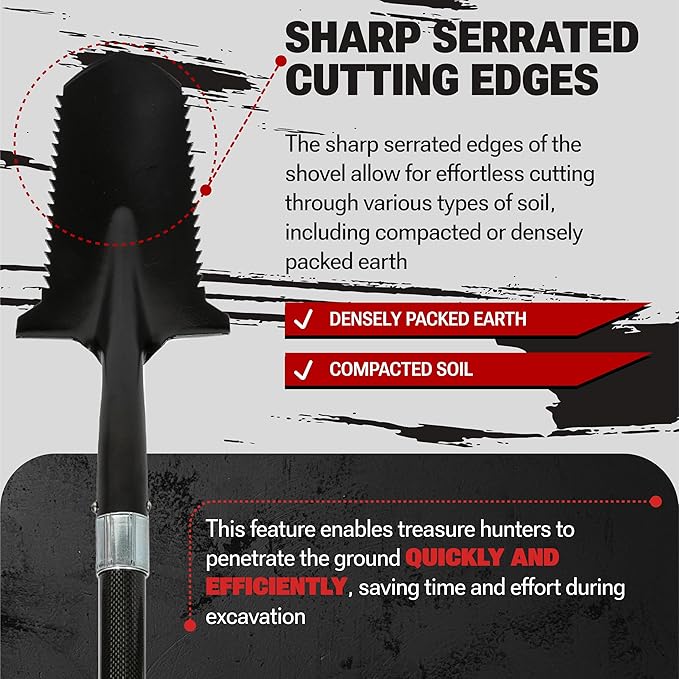 CKG Carbon Metal Detecting Shovel Digging Tool with Double Serrated Blade – Lightweight Digger Garden Root Cutter, Spade Professional Metal Detector Accessories, Gold Digger Shovel - Carbon Black