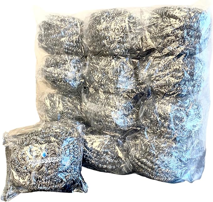 AquaNation Premium Stainless Steel Scouring Pads [Large 50 Gram] | Heavy Duty 12 Pack | Industrial & Commercial Grade Steel Wool Scrubbers | Individually Wrapped Scrubbing Sponges