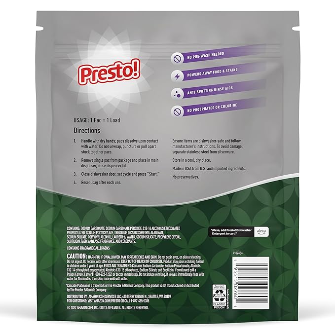 Amazon Brand - Presto! Triple Action Dishwasher Pacs, Fresh Scent, 90 Count
